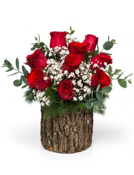 Doğal Ahşap Kütükte 9'lu Kırmızı Gül Aranjmanı