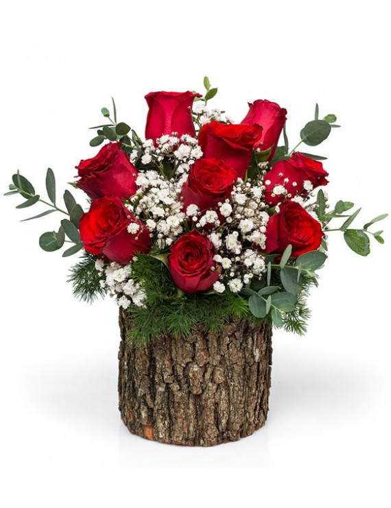 Doğal Ahşap Kütükte 9'lu Kırmızı Gül Aranjmanı